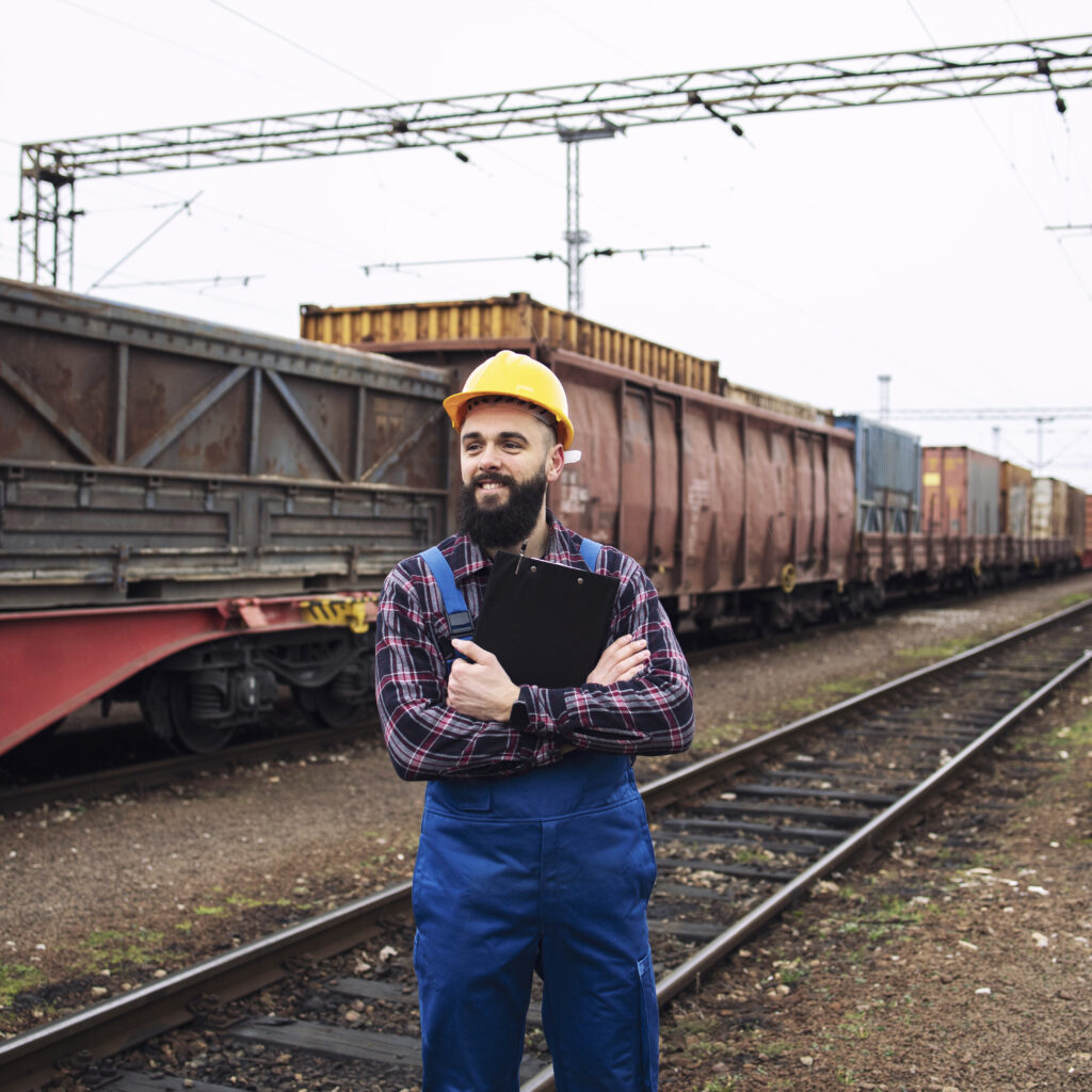 Shipping worker looking at train coming to the station and organizing goods distribution and export.